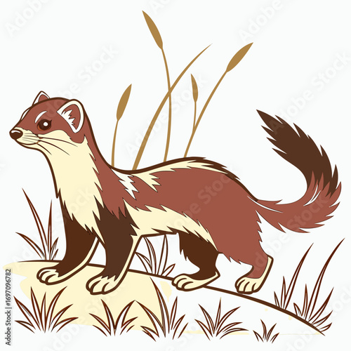 Weasel standing in grass and reeds