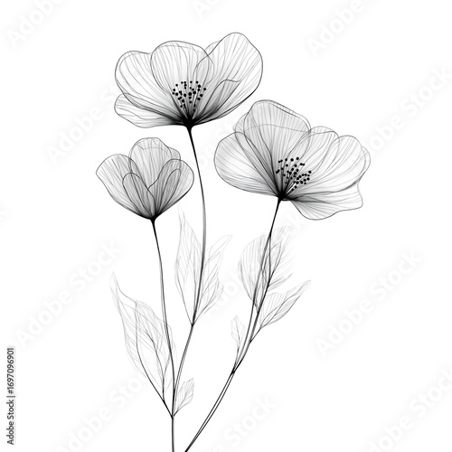 Floral Sketch Drawing Isolated on Transparent Background.Detailed Floral Line Art Isolated