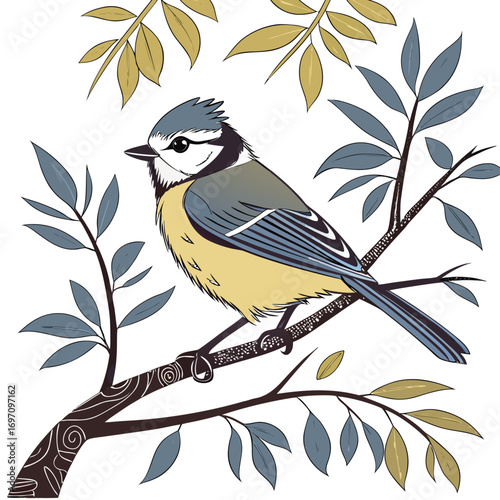 Blue tit bird perched on a branch with leaves