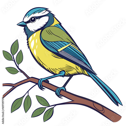 Illustration of a blue tit bird perched on a branch