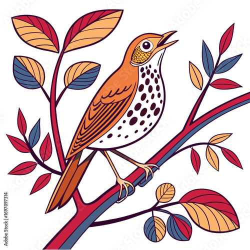 Artistic thrush bird on a branch with stylized leaves