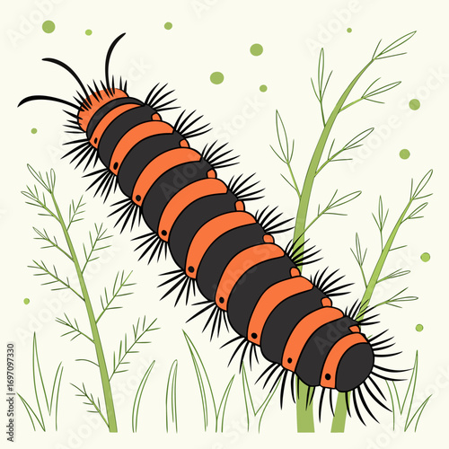 Illustration of a black and orange striped caterpillar in green grass