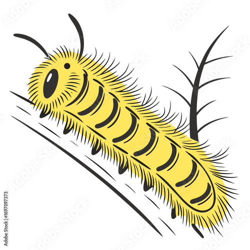 Yellow fuzzy caterpillar crawling on a branch