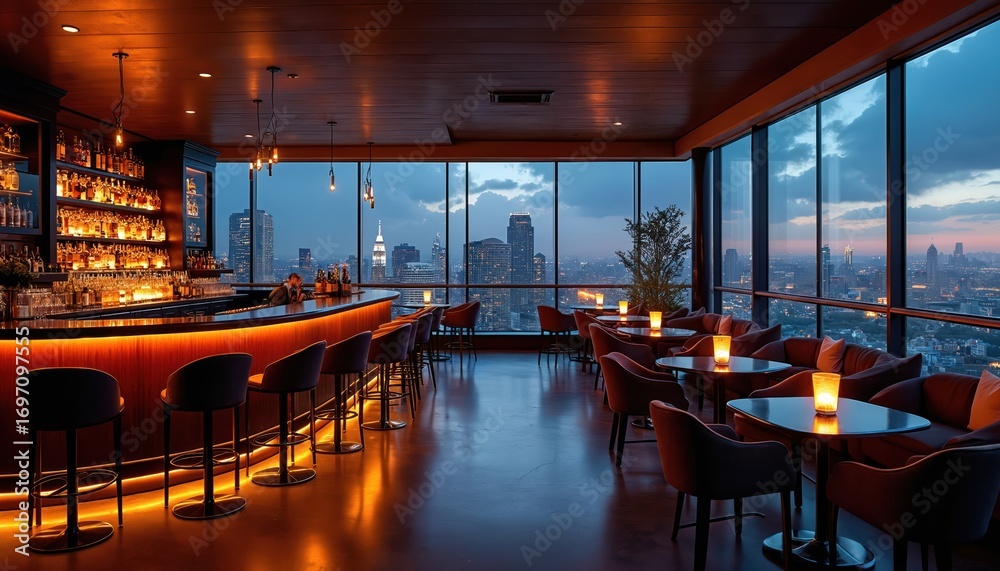 Fototapeta premium Stylish rooftop bar offers cocktails with city skyline view at twilight. Luxurious ambiance with comfortable seating, ambient lighting. Perfect for evening relaxation, socializing, enjoying happy