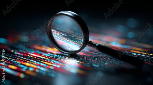 Dive into the details with this striking magnifying glass revealing vibrant data streams, perfect for tech, innovation, and research projects