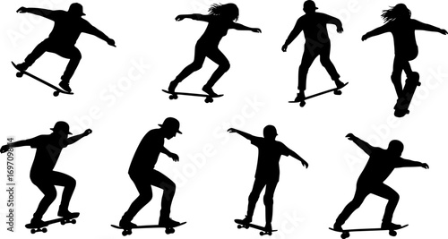 silhouettes of people skateboarding
