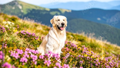 Golden retriever in mountain flowers