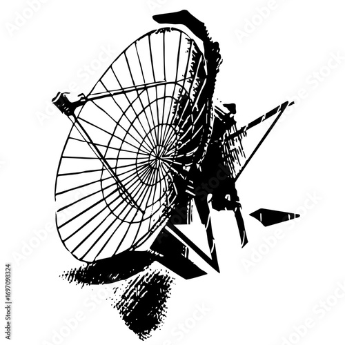 Vector Dynamic mountain biker silhouette rides past a large radar dish.