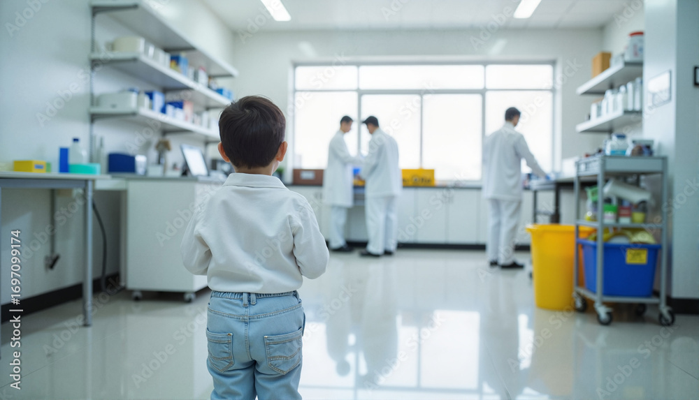 Obraz premium A curious child watching scientists working in a clean laboratory, bright interior with modern equipment and thoughtful ambiance, education and healthcare concept of schools or research institutions