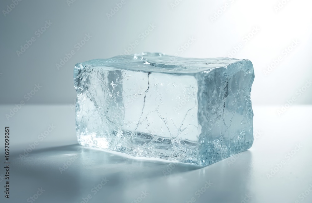 Obraz premium Large, clear ice block on white surface. Soft light illuminates internal texture with subtle cracks. Transparent, semi-transparent glacial cube ideal for product presentations, graphic design, winter