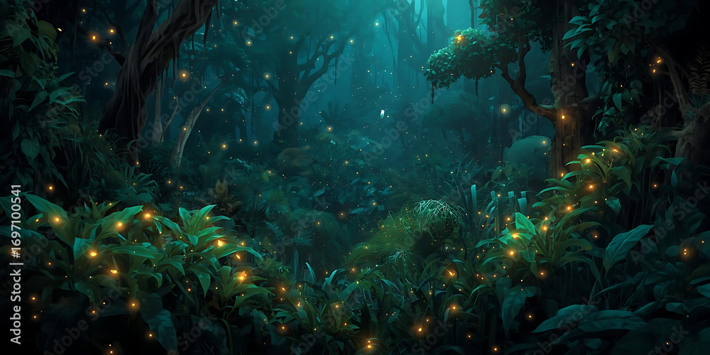 Fototapeta premium Enchanting Nighttime Forest with Glowing Fireflies