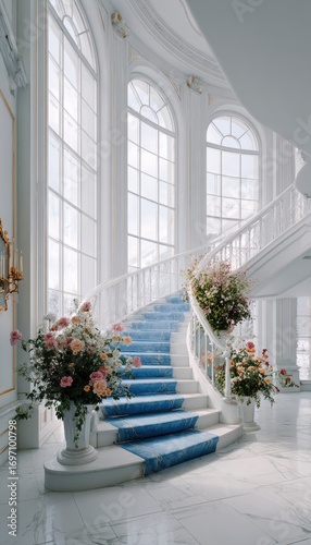 Elegant, bright interior with curved staircase, floral accents, and large windows