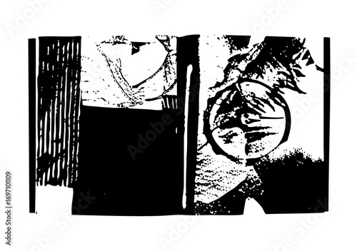 Vector Portrait within a geometric frame with foliage and architectural elements.