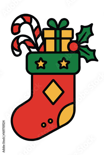 Festive christmas stocking filled with holiday treats and gifts