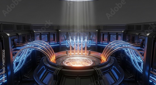 Futuristic reactor core with glowing plasma and neon conduits in a dark facility