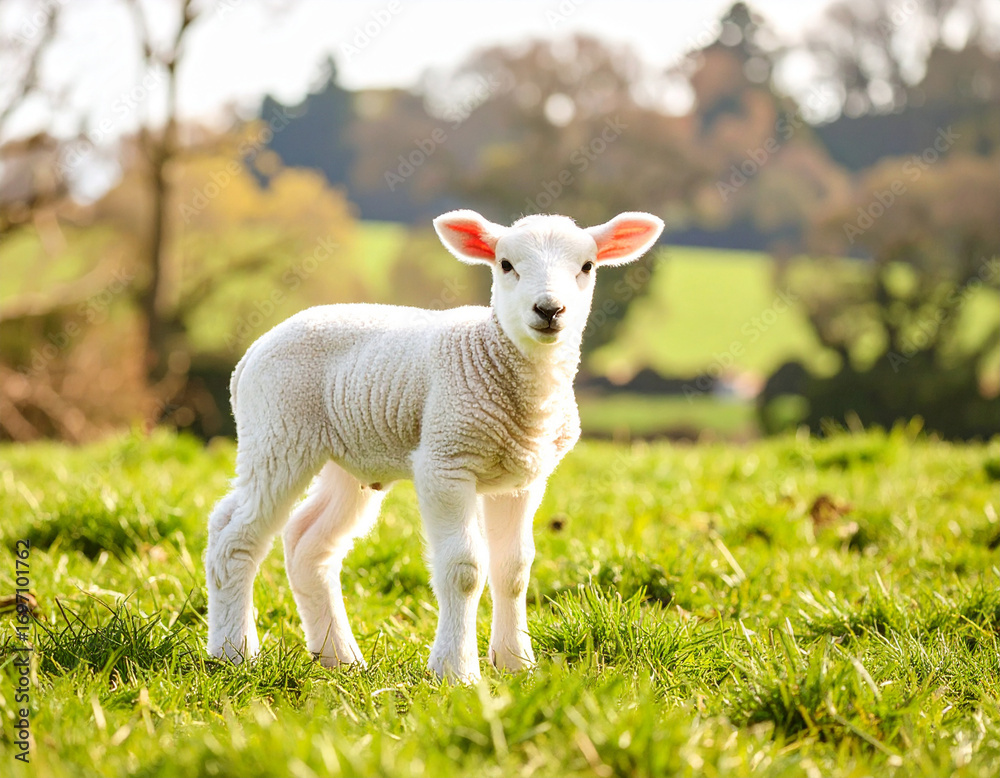 Obraz premium Adorable Lamb Standing in Sunlit Meadow, Springtime Innocence, Pastoral Scene.