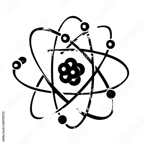 Vector Black atom with orbiting electrons and nucleus.