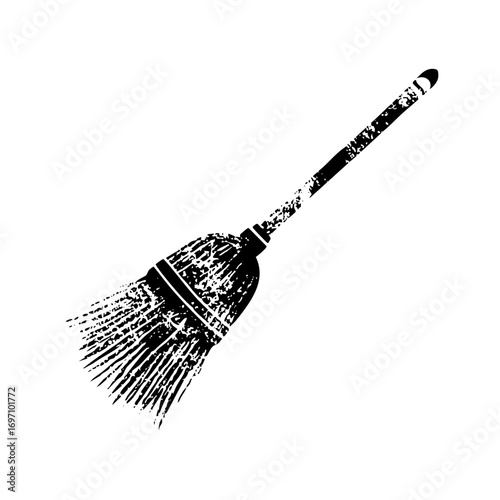 Vector Detailed black silhouette of a cleaning broom with a wooden handle.