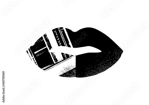 Vector Stylized lips hold a vintage microphone a retro vocal performance.