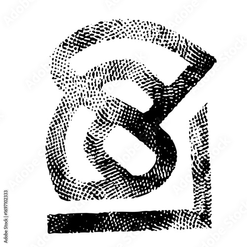 Vector Abstract swirling form with a linear extension rendered in a dotted style.
