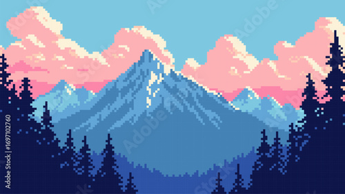 Pixel art game level vector showing mountain landscape with clouds and fir trees. Outdoor adventure scene for gaming background.