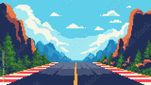 Pixel art game level vector showing a vast road leading through mountain and forest scenery under a bright sky.