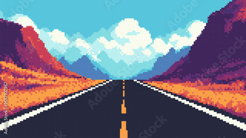 Pixel art road traveling through a vibrant mountain landscape beneath a blue sky with fluffy white clouds. Game level vector.