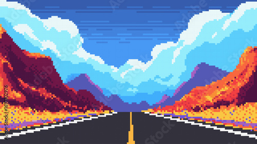 Pixel art road with mountains under a cloudy sky. Retro game level design concept for digital art background.