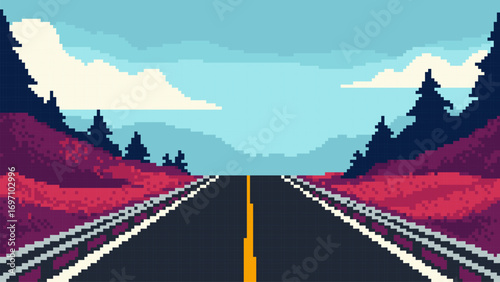 Pixel art game level showing an endless road leading through a stylized landscape under blue sky. Retro video game abstract background.