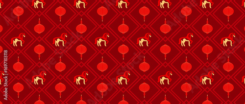 Seamless pattern in chinese style with horse and lanterns. Red and gold festive decoration for chinese new year, holiday design.