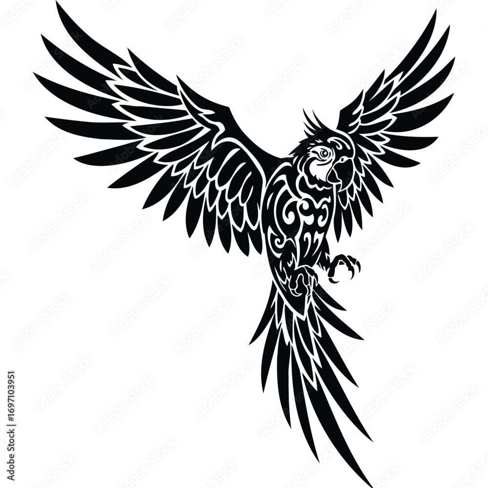 Fototapeta premium A striking black and white illustration of a parrot with wings spread in a dynamic pose and tribal design silhouette