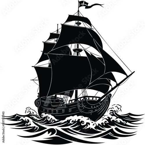 A black and white illustration of a tall ship sailing on a wavy sea with a flag waving on top of the mast silhouette