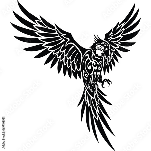 A striking black and white illustration of a parrot with wings spread in a dynamic pose and tribal design silhouette