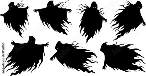 Flying Evil Spirit Silhouette Vector Collection – Ghost, Phantom and Fantasy Dark Cloaked Figure Graphic Resource