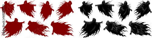 Flying Evil Spirit Silhouette Vector Collection – Ghost, Phantom and Fantasy Dark Cloaked Figure Graphic Resource