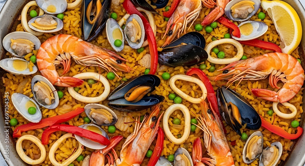 Fototapeta premium Seafood Paella Overhead.
