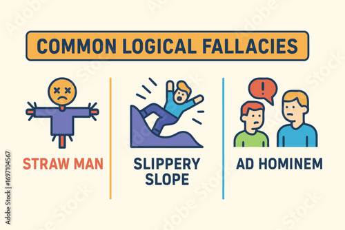 Visual examples of common logical fallacies in arguments and reasoning
