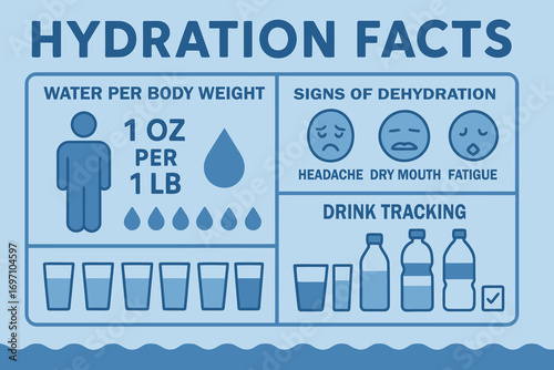Hydration facts infographic showing water intake and dehydration signs