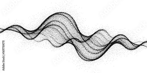 Abstract stipple wave flow in light grain texture and digital spray. Gradation of particles in monochrome background. Vector.