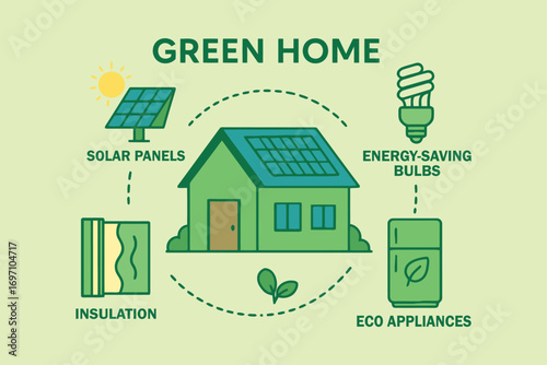 Green home concept illustrating sustainable energy and eco friendly features