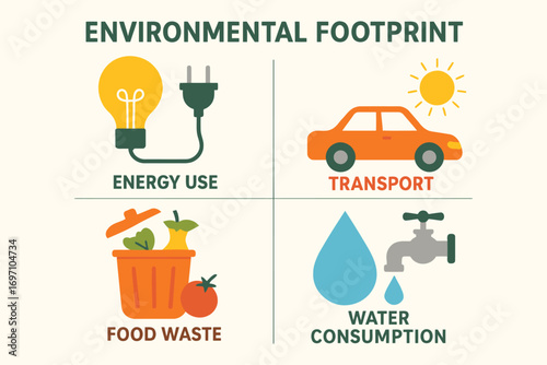 Environmental footprint icons illustrating energy transport food waste water consumption