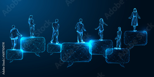 Global digital conversation concept with people standing on low poly speech bubbles, communication vector