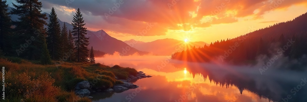 Obraz premium Serene Canadian Wilderness Sunrise Vibrant Golden Light Paints Misty Morning Landscape, Untouched Nature Scene Perfect for Travel, Nature, and Environmental Projects