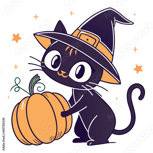 Cute black cat wearing witch hat holding a pumpkin for Halloween vector illustration