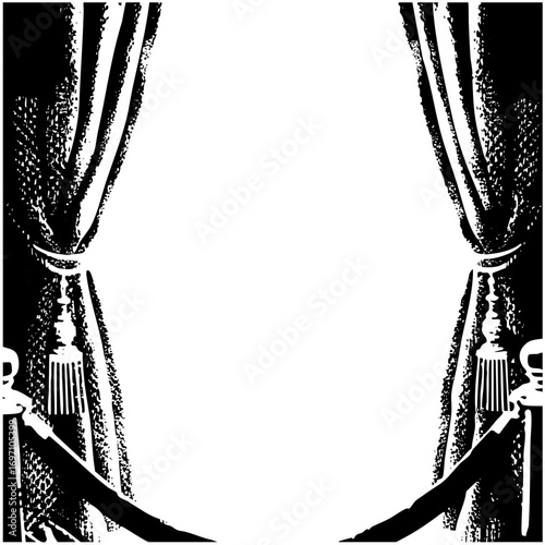 Vector Elegant curtains with tassels frame an empty space.