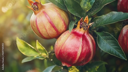 Bunch of pomegranates on a bush with green leaves and brown stems.