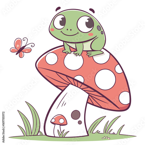 Cute cartoon frog sitting on a red and white spotted mushroom with a butterfly flying nearby toad amphibian