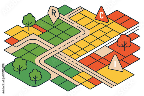 Abstract isometric map with roads trees and colored land parcels