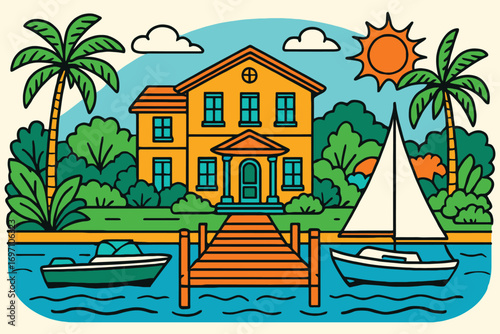 Tropical waterfront home with dock boats and sailboat under sun