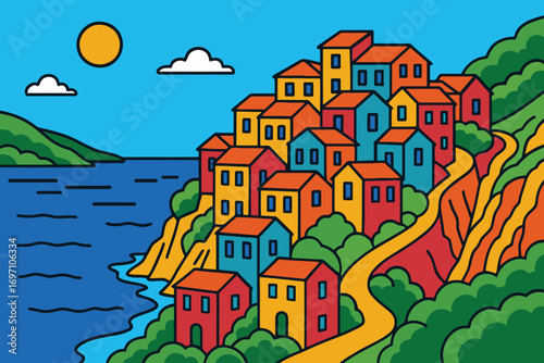 Colorful mediterranean village cascades down a steep green hillside to the sea